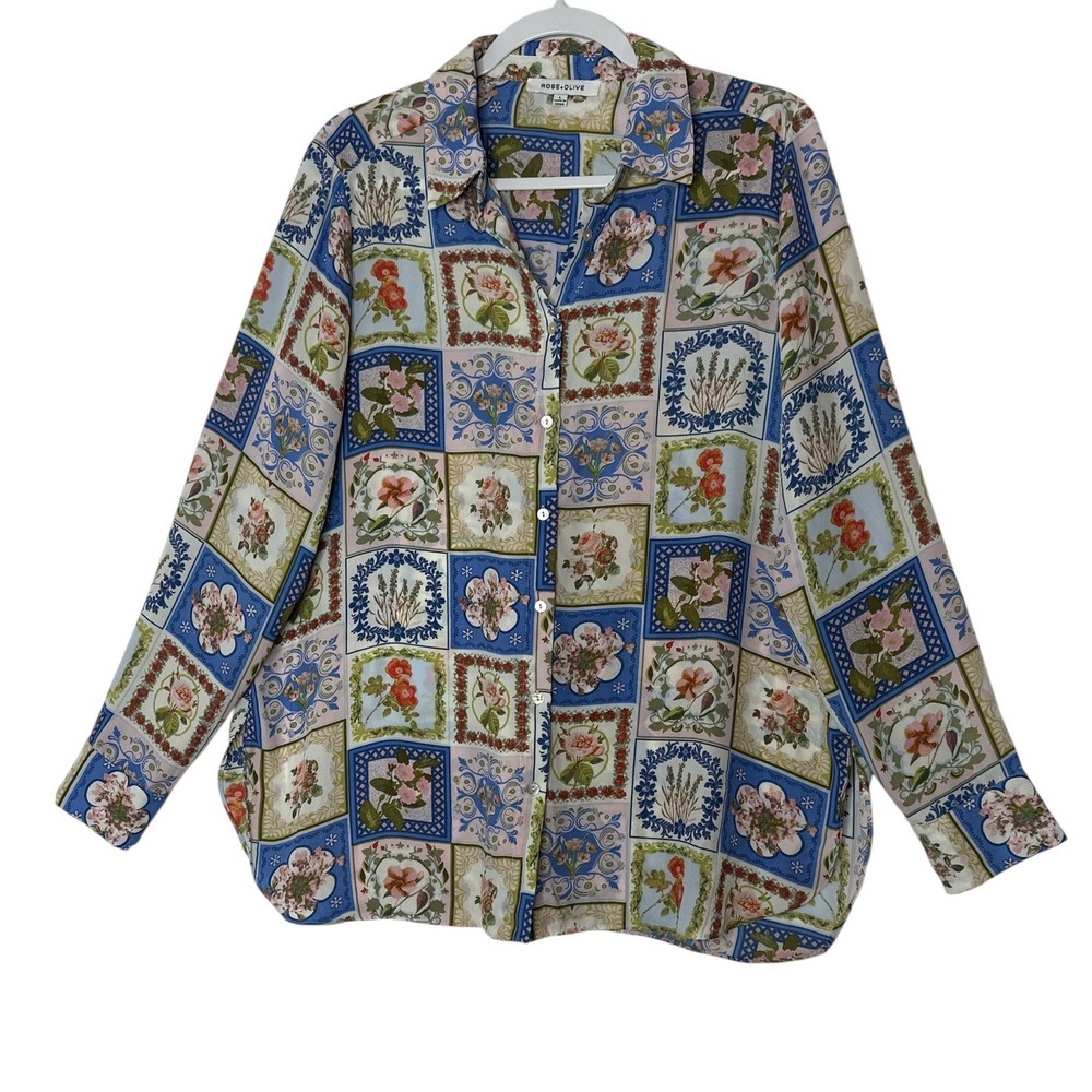 Rose + Olive Tunic Blouse Womens Large Multicolor Floral Button Up Top Shirt